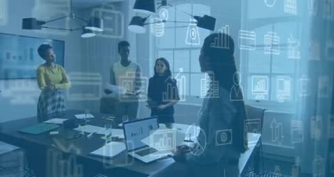 Business Meeting with Digital Data Visualization Overlay