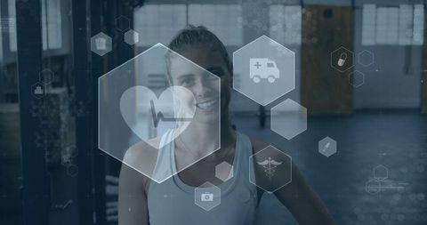 Smiling Woman with Health and Medical Icons in Gym