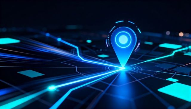 Glowing blue location pin on neon grid map for futuristic navigation and geo-technology