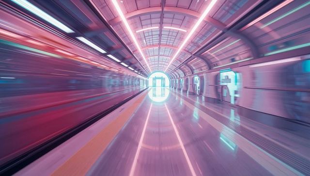 Futuristic neon-lit underground metro station