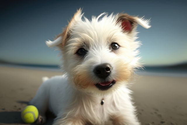 This depicts an adorable puppy sitting on a sandy beach next to a tennis ball, capturing the joy and playfulness of pet ownership. Ideal for use in marketing materials for pet products, children’s books, greeting cards, or social media posts focused on pets and outdoor activities.