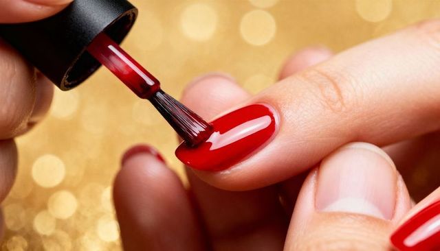 Macro manicurist applying glossy red nail polish on almond nail with gold bokeh