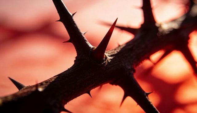 Closeup macro of thorny branch backlit with warm bokeh, sharp conical thorns and dew