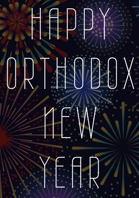 Vector image of happy orthodox new year text against colorful fireworks display. orthodox new year, greeting, tradition and holiday.