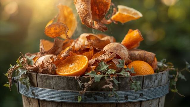 Backlit rustic barrel overflowing with fresh oranges, halves and peels in autumn garden