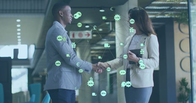 Business Professionals Shaking Hands with Financial Technology Overlays - Download Free Stock Images Pikwizard.com