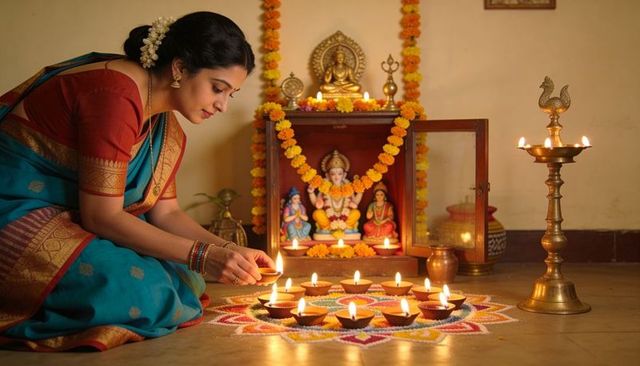 Indian woman lighting diyas on colorful rangoli during diwali home puja at family altar