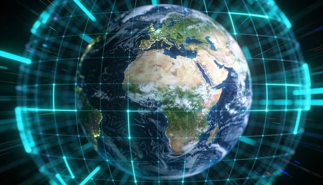 Rotating earth globe with turquoise digital grid highlighting africa and global connectivity