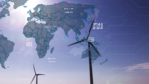 Wind Turbines Against Global Digital Mapping Overlay