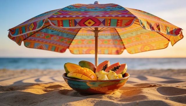 Sunlit tropical fruit bowl under colorful beach umbrella at sunset