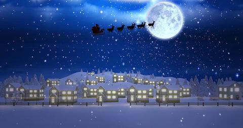 Santa Claus Flying Over Snowy Village on Christmas Eve