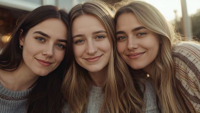 Smiling young women leaning close at golden hour wearing knit sweaters and hoop earrings