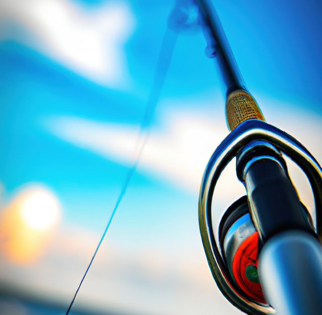 Image of close up of hand holding fishing rod against blue sky. Fishing, hobby and leisure concept.
