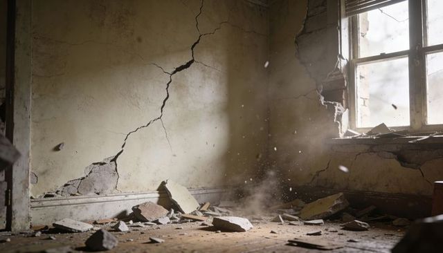 Crumbling plaster and brick rubble sending dust plume in derelict room with broken window