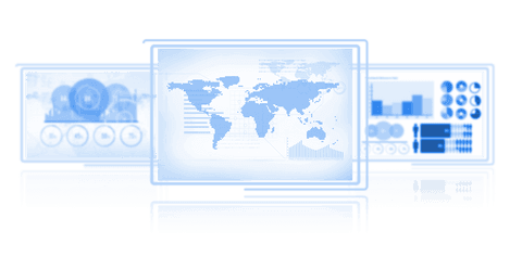 Transparent digital dashboard with world map and business analytics