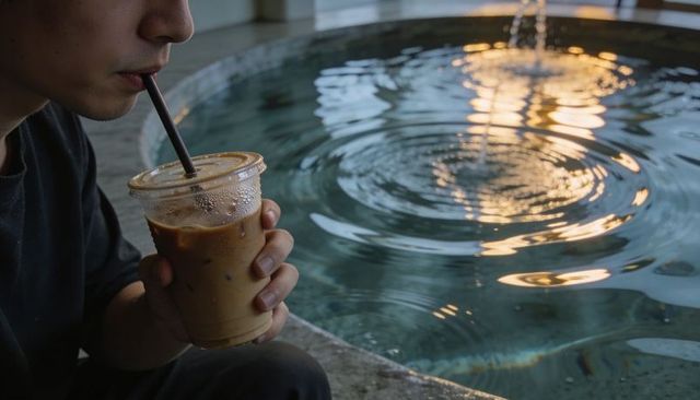 Man sipping iced coffee by reflective fountain with golden ripples and quiet ambience