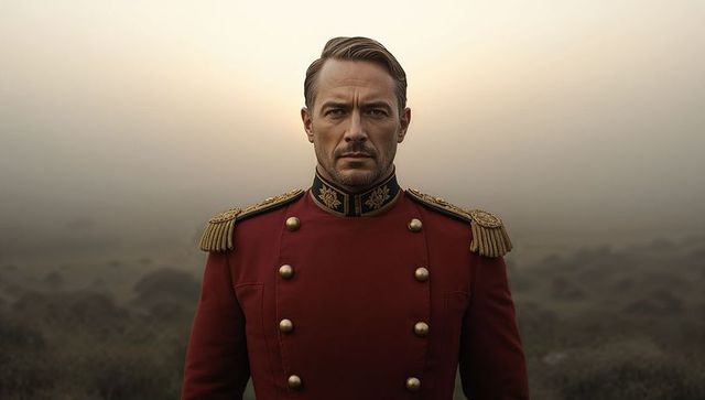 Regal Military Officer in Foggy Battlefield wearing Vintage Red Uniform