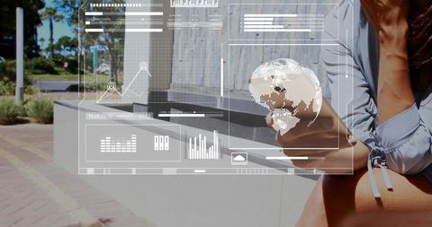 Woman using smartphone with holographic globe and data interface in urban plaza