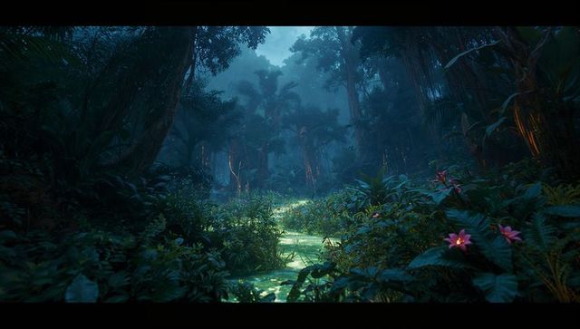 Misty rainforest path with lush foliage and blooming flowers