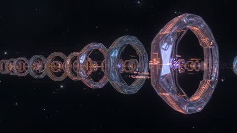 Tracking camera approaching modular torus ring train in deep space with HUD readouts