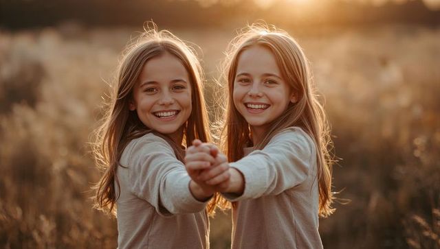 Preteen twin sisters holding hands in golden meadow at sunset smiling and laughing backlit