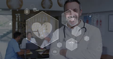 Smiling Doctor with Health Icons Overlay in Medical Setting