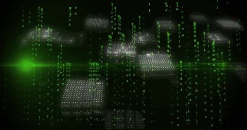 Neon Binary Code Streaming Across Virtual Matrix