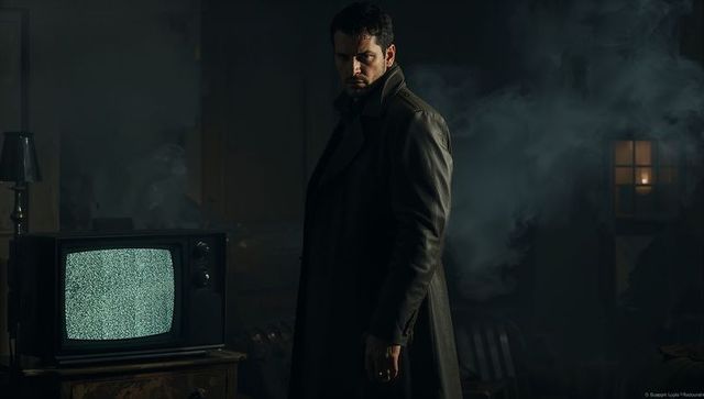 Mysterious Man in Smoky Vintage Room with Static TV