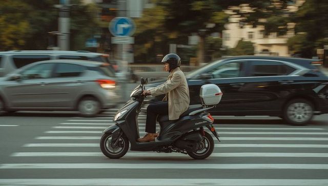 Riding black scooter across busy city crosswalk, commuter in beige jacket and helmet