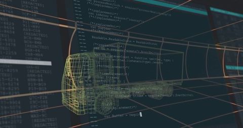 3d wireframe truck model in digital interface with code display