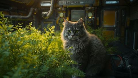 Long-haired gray cat gazing among ferns inside rusted engine cabin with warm golden light