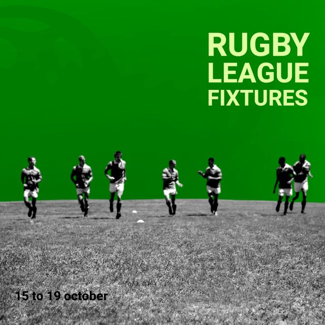 Diverse Male Rugby Players Competing on Field with Rugby League Fixtures Text - Download Free Stock Templates Pikwizard.com