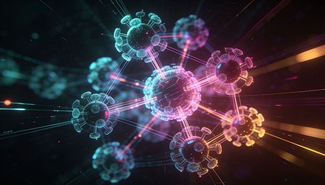 Neon nanocluster network linking viral-like spheres with glowing filaments and spikes