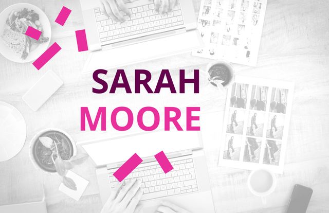 Professional workspace template featuring Sarah Moore's name, perfect for personal branding and marketing graphics. Modern design highlights laptops, notepads, and coffee in a creative office scene. Useful for business presentations, websites, and social media promotions.