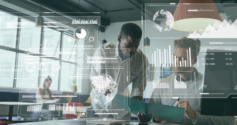 Innovative Business Team Discussing Data Insights with Futuristic Overlays