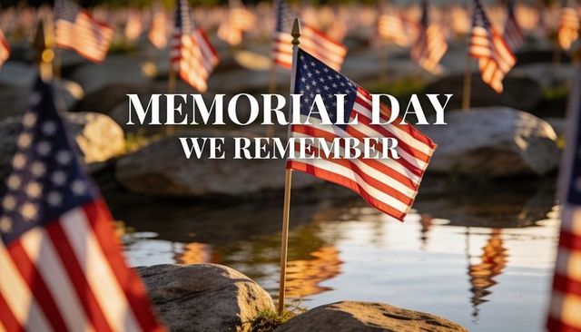 American flag waving over reflective memorial pool at sunset — memorial day we remember