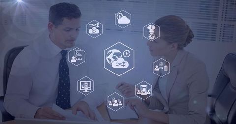 Business Colleagues Collaborating with Digital Interface Icons - Download Free Stock Images Pikwizard.com