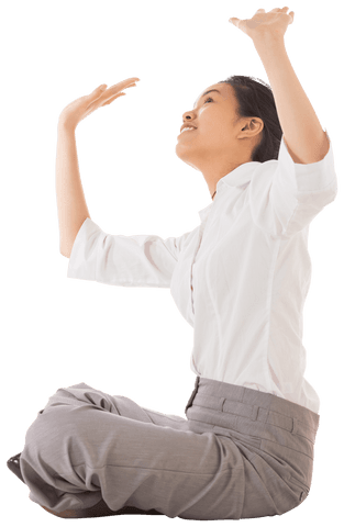 Transparent Happy Asian Businesswoman Sitting with Arms Raised - Download Free Stock Videos Pikwizard.com
