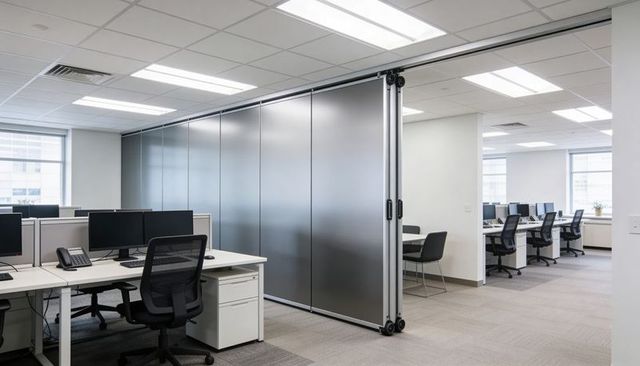 Dividing modern office with sliding partition, open-plan workstations and meeting nook