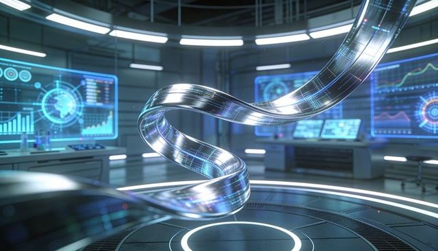 Levitating metallic data ribbon twisting above circular control platform in futuristic lab