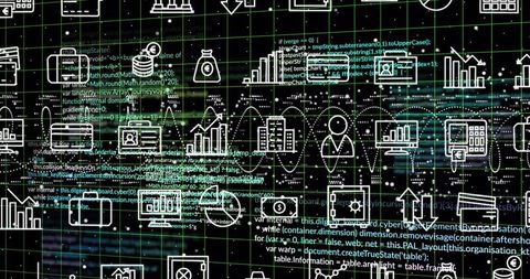 Neon Data Grid Visualizing Financial Analytics Dashboard with Code Overlays and Abstract Tech