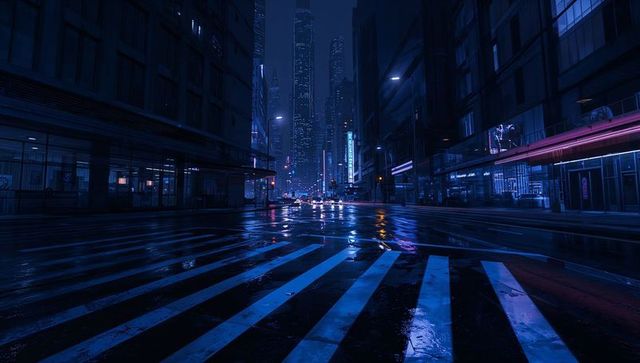 Neon wet city crosswalk at night reflecting blue and pink lights on skyscraper avenue