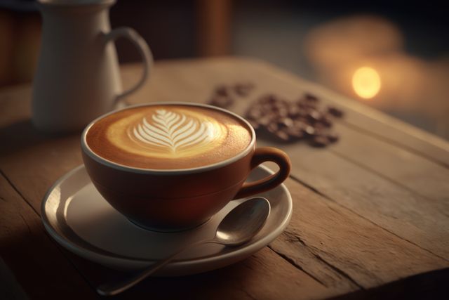 Cup of frothy latte with coffee art sitting on rustic wooden table. Used for promoting coffee shops, cafes, and barista skills. Ideal for breakfast-related content and cozy comfort themes.