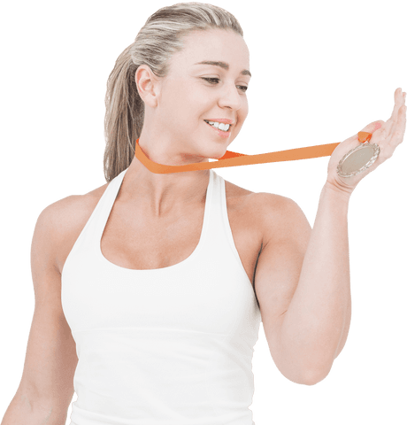 Triumphant Female Athlete Holding Transparent Gold Medal