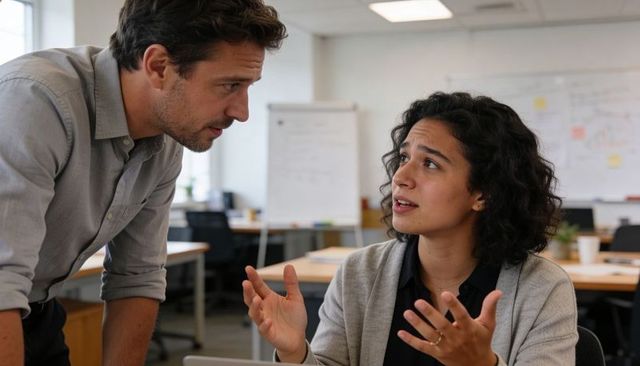Manager leaning in while colleague explaining, gesturing during collaborative office meeting