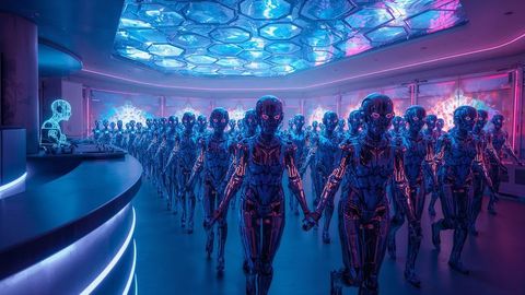 Futuristic Showroom With Advanced AI-Powered Humanoid Robots
