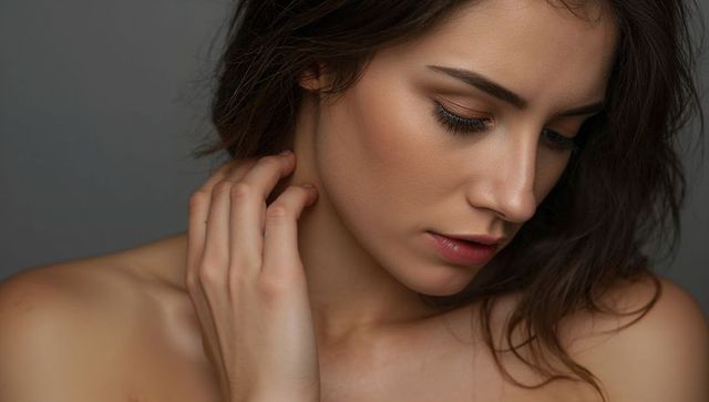 Contemplative woman touching neck while tilting head down, soft warm close-up portrait