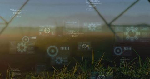 Grass Foreground with Futuristic HUD Panels at Dawn Blending Nature and Technology