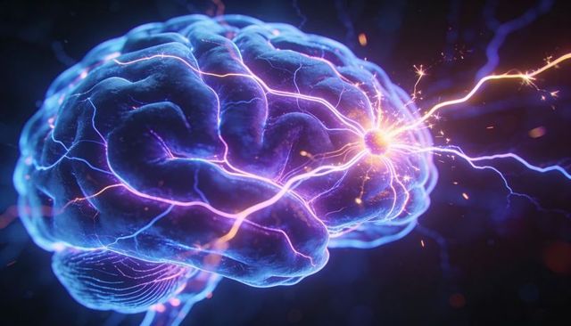 Neon brain with electric synapse sparks, glowing neural circuits for ai and neuroscience