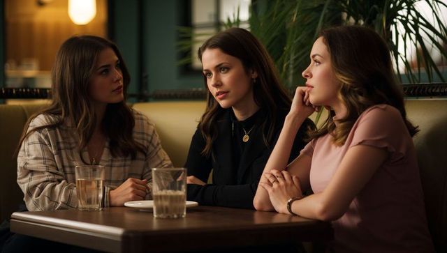 Three women having intimate conversation in cozy cafe booth under warm soft lighting